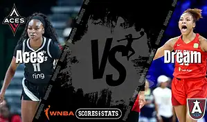 Las Vegas Aces player drives with the ball while Atlanta Dream player reacts during WNBA matchup graphic.