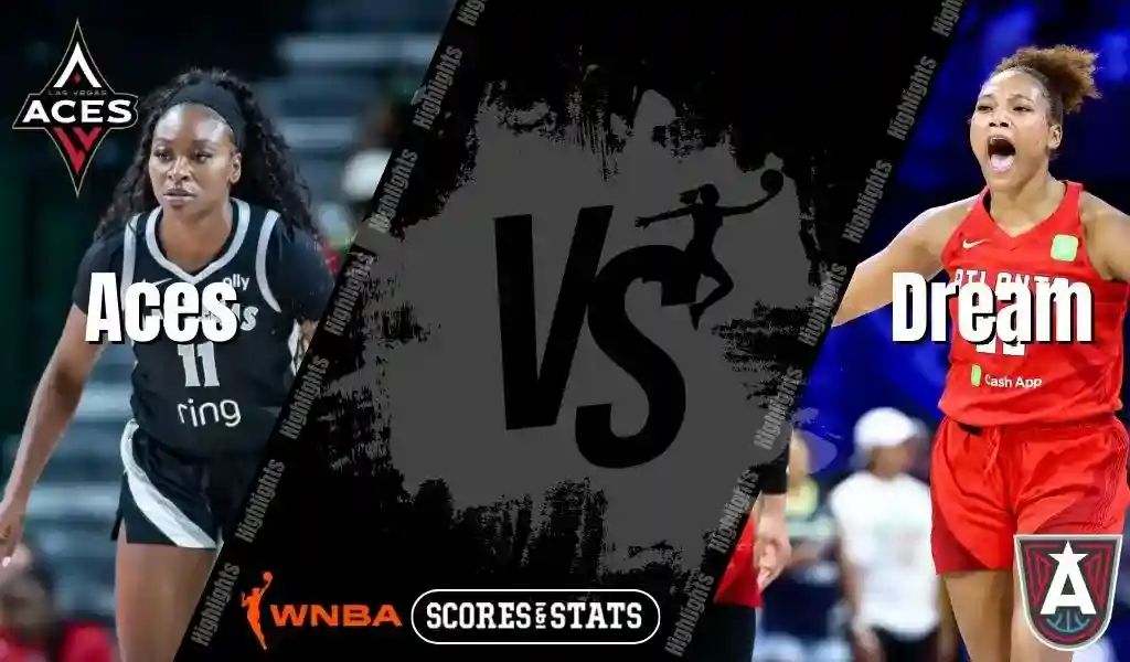 Las Vegas Aces player drives with the ball while Atlanta Dream player reacts during WNBA matchup graphic.