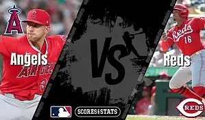 Los Angeles Angels pitcher throws while Cincinnati Reds player prepares to bat in MLB matchup graphic.