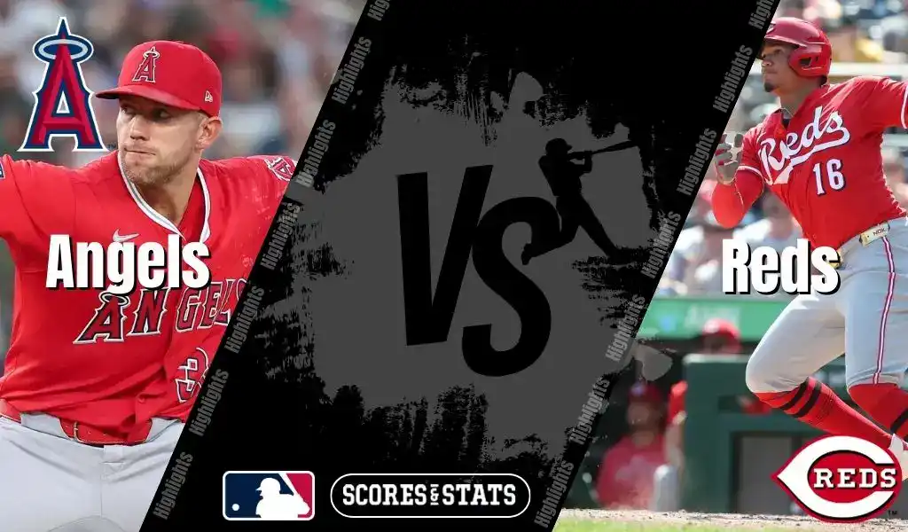 Los Angeles Angels pitcher throws while Cincinnati Reds player prepares to bat in MLB matchup graphic.