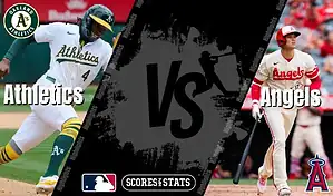 MLB matchup between Oakland Athletics and Los Angeles Angels on August 16, 2025, featuring players in action with team logos.