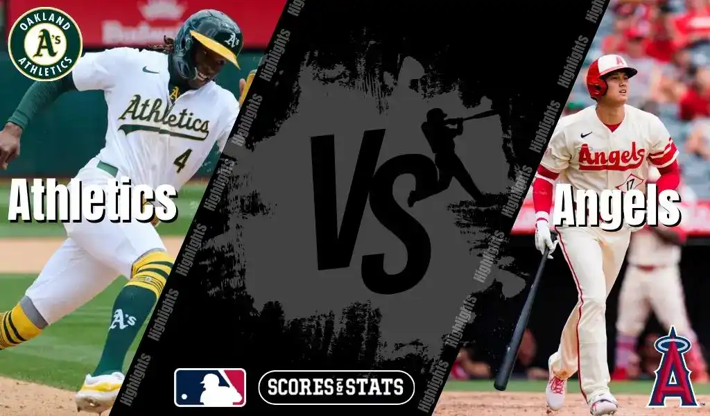 MLB matchup between Oakland Athletics and Los Angeles Angels on August 16, 2025, featuring players in action with team logos.