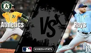 MLB game preview image showing Oakland Athletics pitcher in yellow jersey facing Tampa Bay Rays pitcher in light blue jersey for August 11, 2025 matchup.