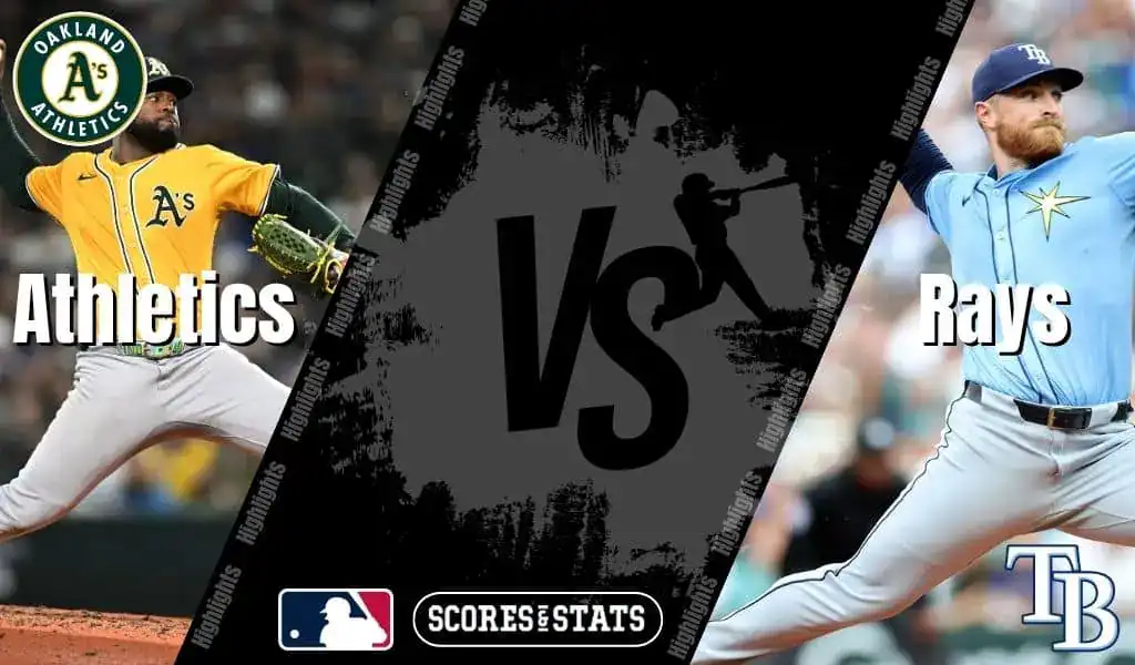 MLB game preview image showing Oakland Athletics pitcher in yellow jersey facing Tampa Bay Rays pitcher in light blue jersey for August 11, 2025 matchup.