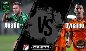 Austin FC and Houston Dynamo FC MLS matchup graphic featuring players from both teams ahead of their August 9, 2025 game.