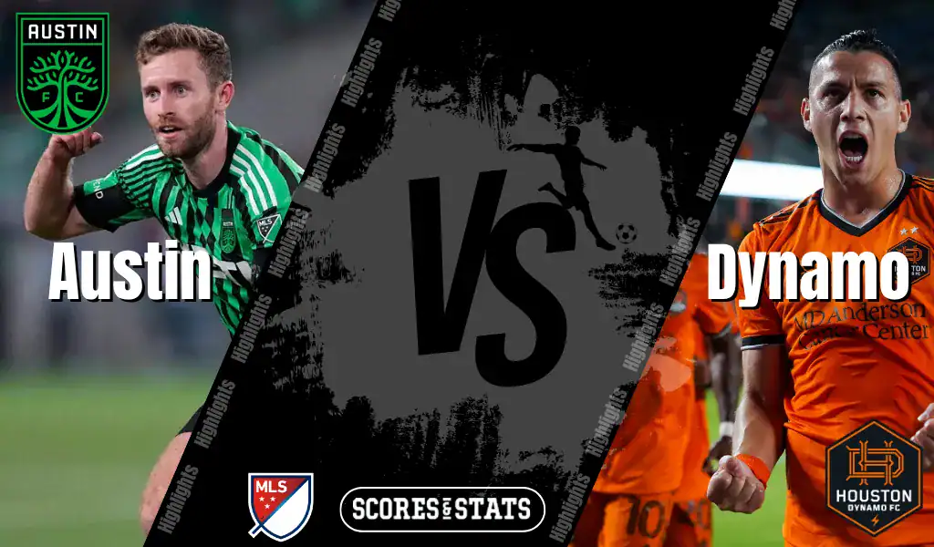 Austin FC and Houston Dynamo FC MLS matchup graphic featuring players from both teams ahead of their August 9, 2025 game.