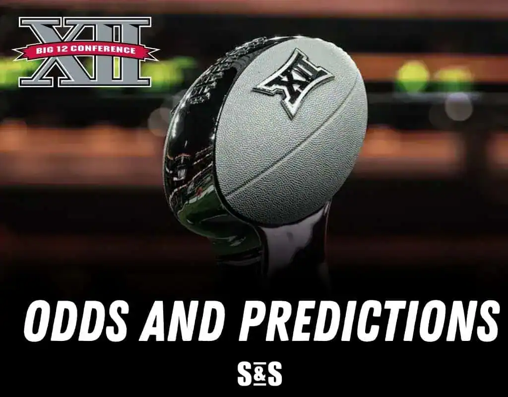 A glossy silver trophy with a football design, accompanied by the Big 12 Conference logo, emphasizes "Odds and Predictions" below.