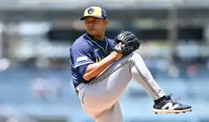 Milwaukee Brewers pitcher in action ahead of game vs Atlanta Braves on August 6, 2025