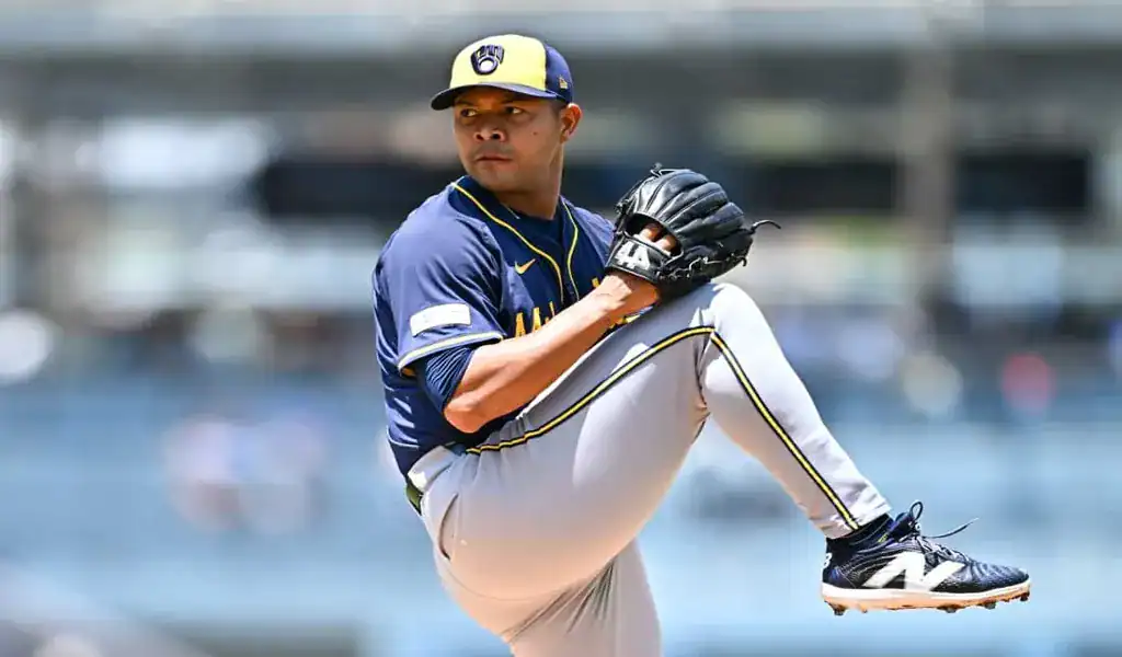 Milwaukee Brewers pitcher in action ahead of game vs Atlanta Braves on August 6, 2025