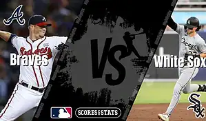 Atlanta Braves pitcher throws while Chicago White Sox player runs the bases in MLB matchup graphic.