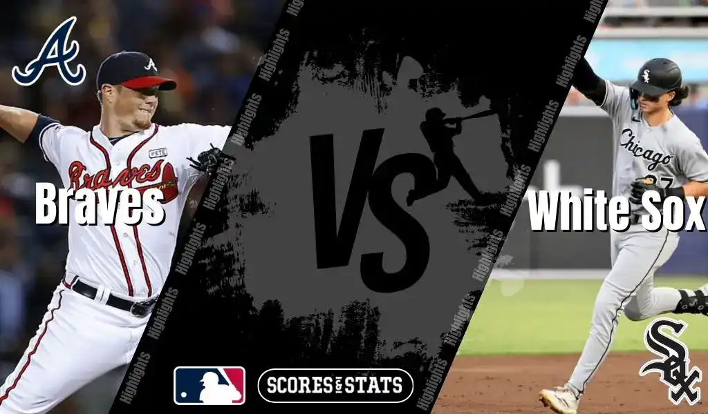 Atlanta Braves pitcher throws while Chicago White Sox player runs the bases in MLB matchup graphic.