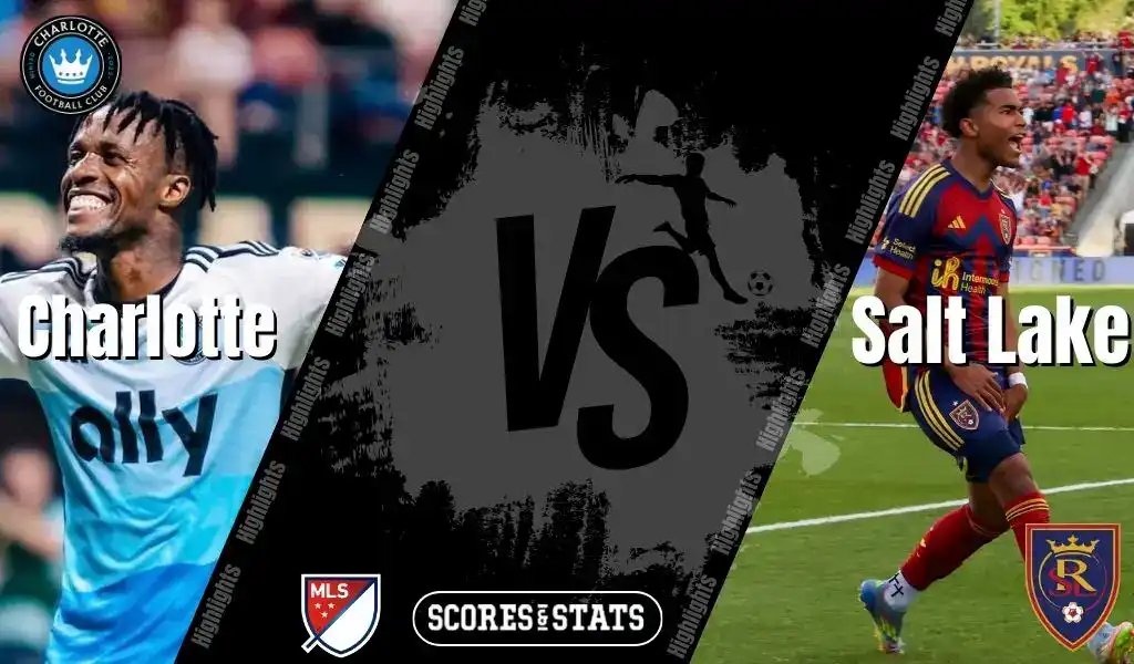 MLS matchup preview featuring Charlotte FC against Real Salt Lake on August 16, 2025, with team logos and players in action.