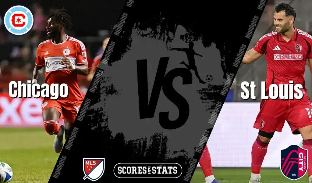 MLS matchup between Chicago Fire FC and St. Louis City SC on August 16, 2025, featuring players in action with team logos displayed.