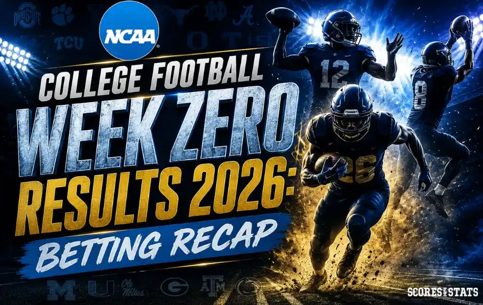 College Football Week Zero results 2026 betting recap graphic featuring NCAA branding and college football players passing, catching, and running with the ball.