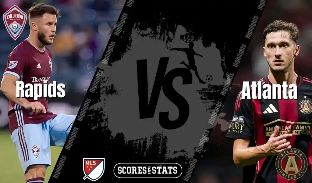MLS game preview showing Colorado Rapids against Atlanta United on August 16, 2025, with players in action and team logos featured.