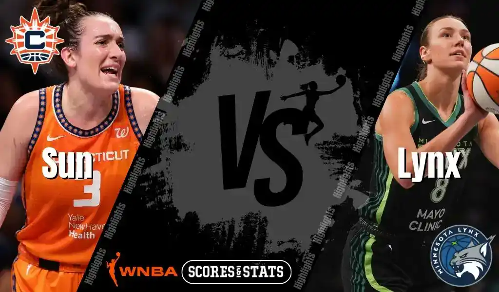 Action shot of two WNBA players from the Connecticut Sun and Minnesota Lynx in a competitive game, showcasing intense gameplay during the match.