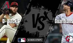 Arizona Diamondbacks pitcher winds up to throw while Cleveland Guardians batter looks on in MLB matchup graphic.