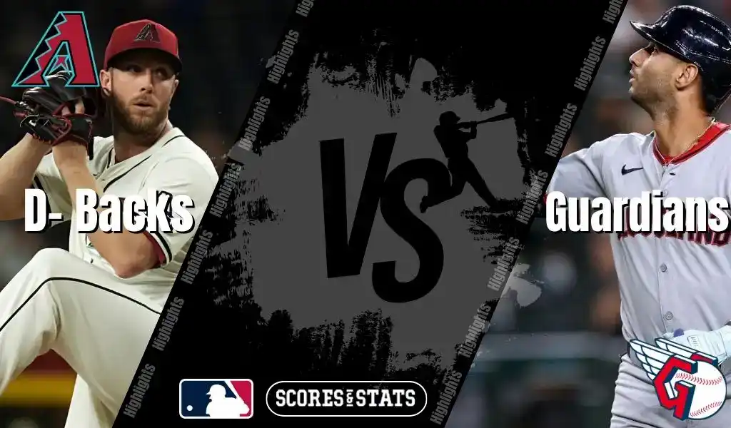 Arizona Diamondbacks pitcher winds up to throw while Cleveland Guardians batter looks on in MLB matchup graphic.