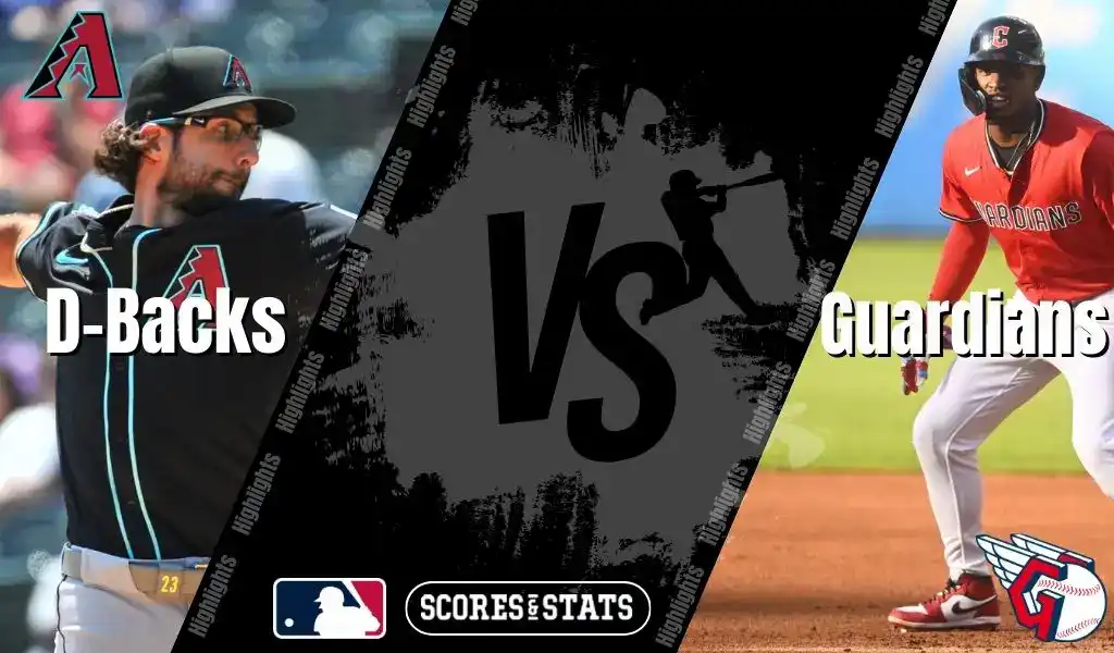 Arizona Diamondbacks pitcher delivers a throw while Cleveland Guardians player prepares to run during MLB matchup graphic.