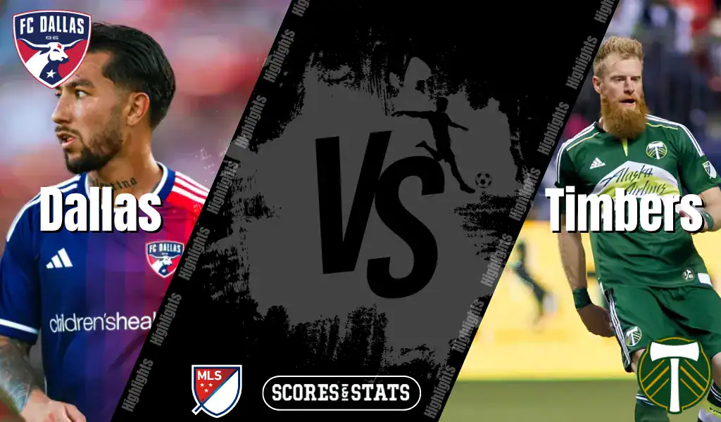 FC Dallas and Portland Timbers MLS matchup graphic featuring players from both teams ahead of their August 9, 2025 game.