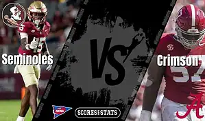 Florida State Seminoles football player facing Alabama Crimson Tide player in NCAA matchup, August 30, 2025.