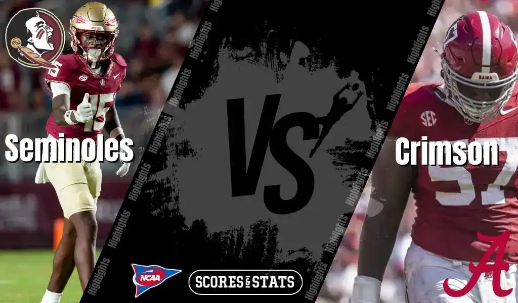 Florida State Seminoles football player facing Alabama Crimson Tide player in NCAA matchup, August 30, 2025.