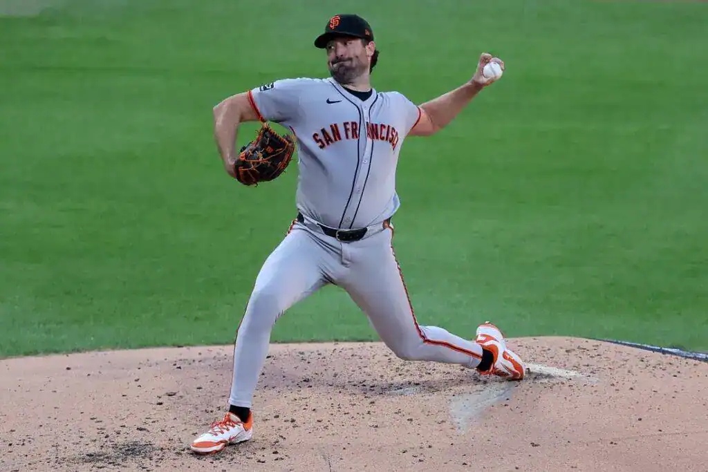 A baseball pitcher in a gray San Francisco jersey winds up to throw a pitch, with motion captured on the mound surrounded by dirt.