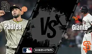 San Diego Padres pitcher gestures after a play while San Francisco Giants batter runs the bases in MLB matchup graphic.