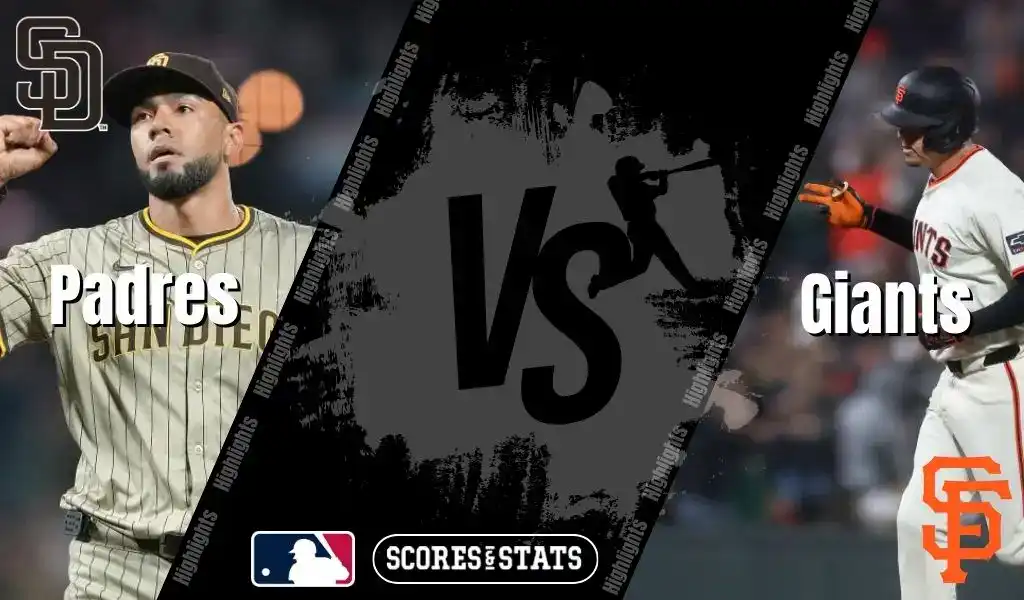 San Diego Padres pitcher gestures after a play while San Francisco Giants batter runs the bases in MLB matchup graphic.
