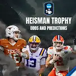 College football graphic featuring four NCAA players from Texas, LSU, Clemson, and Penn State with the title Heisman Trophy Odds and Predictions
