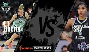 New York Liberty and Chicago Sky WNBA matchup graphic featuring players from both teams ahead of their August 21, 2025 game.