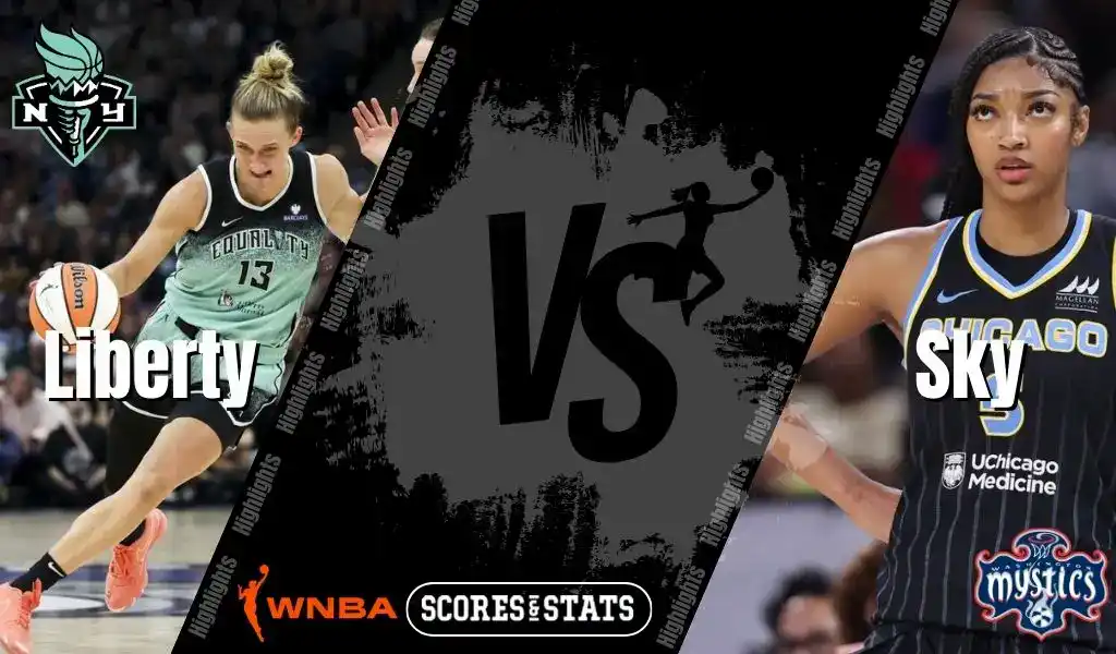New York Liberty and Chicago Sky WNBA matchup graphic featuring players from both teams ahead of their August 21, 2025 game.