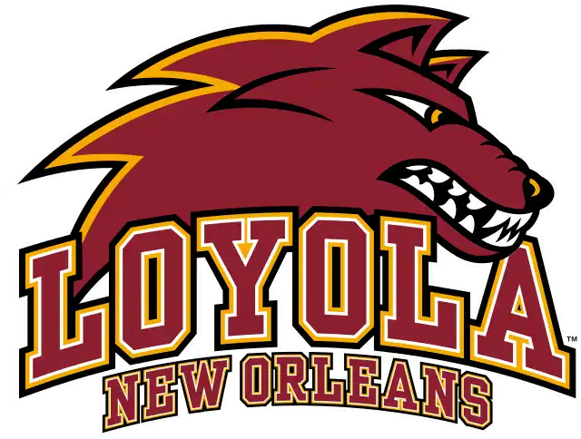 Loyola University New Orleans wolf head logo in maroon, gold, and white.
