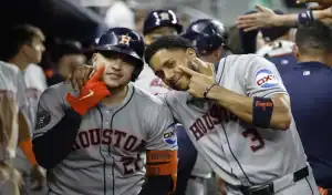 Houston Astros players celebrate in the dugout before matchup with Miami Marlins on August 6, 2025