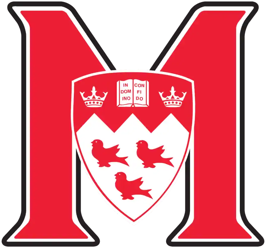 The McGill University Redmen logo featuring a bold red letter “M” with the school crest inside, displaying crowns, a book, and three red birds.