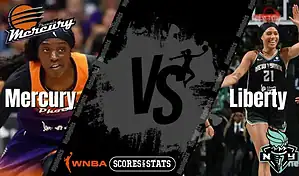 Phoenix Mercury player going for a basket against New York Liberty player during a WNBA matchup on August 30, 2025.