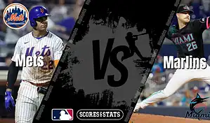 Split graphic featuring New York Mets and Miami Marlins MLB players ahead of their matchup on August 29, 2025.