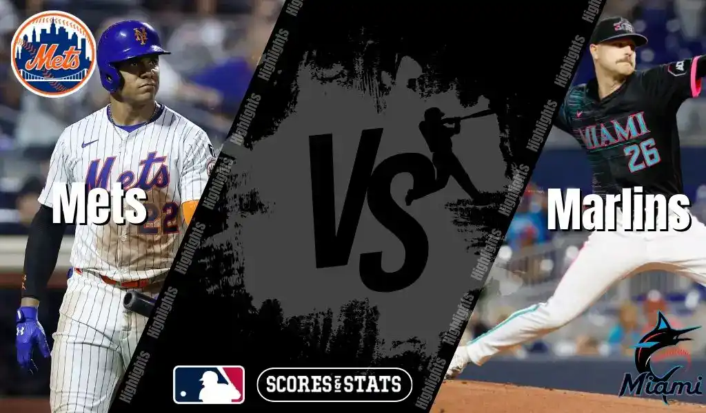 Split graphic featuring New York Mets and Miami Marlins MLB players ahead of their matchup on August 29, 2025.