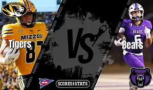 Missouri Tigers football player runs with the ball against Central Arkansas Bears defender during NCAA matchup preview.