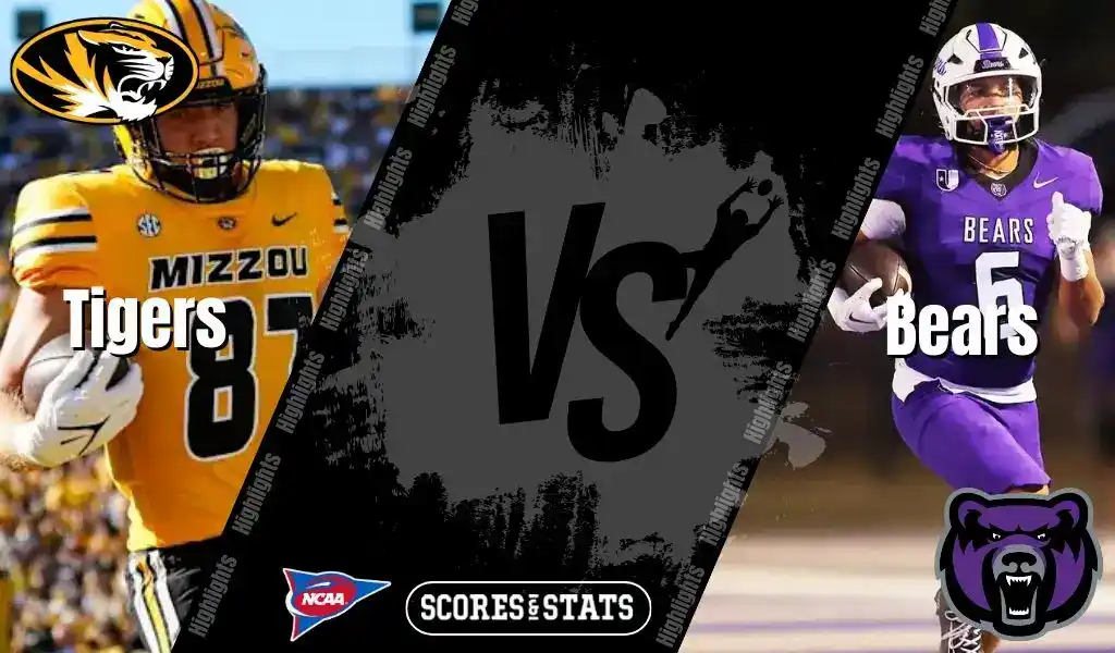 Missouri Tigers football player runs with the ball against Central Arkansas Bears defender during NCAA matchup preview.