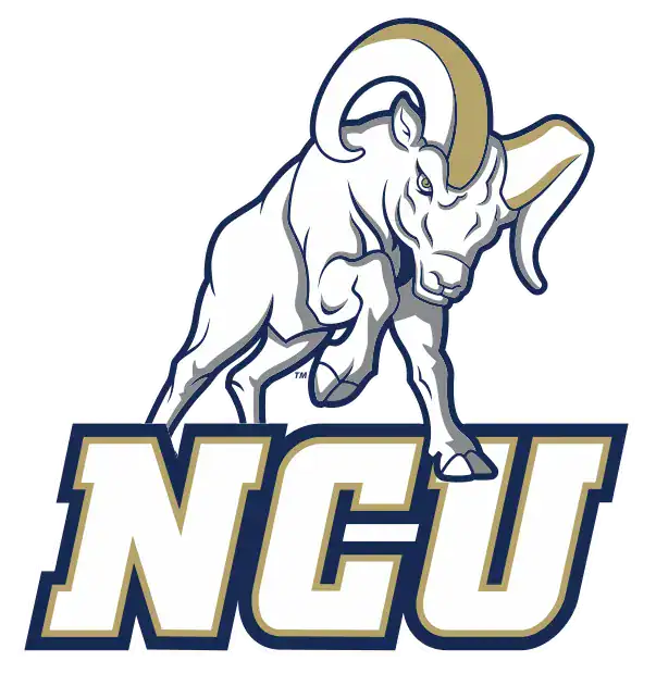 North Carolina University logo featuring a charging ram above bold gold and navy “NCU” text.
