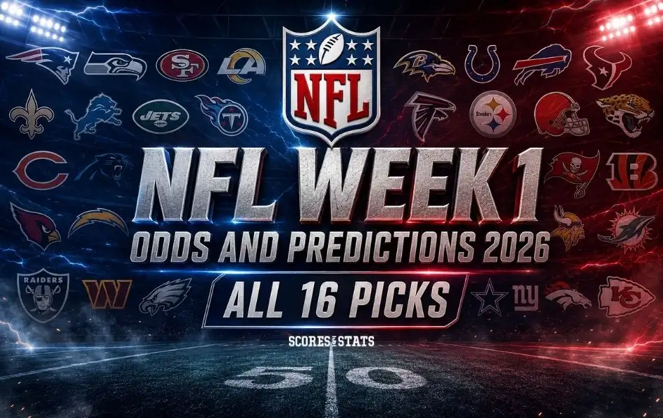NFL Week 1 odds and predictions 2026 graphic featuring the NFL logo, team logos, and all 16 game picks in a dramatic stadium setting.