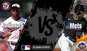 Washington Nationals player runs on the field while New York Mets player prepares to sprint in MLB matchup graphic.