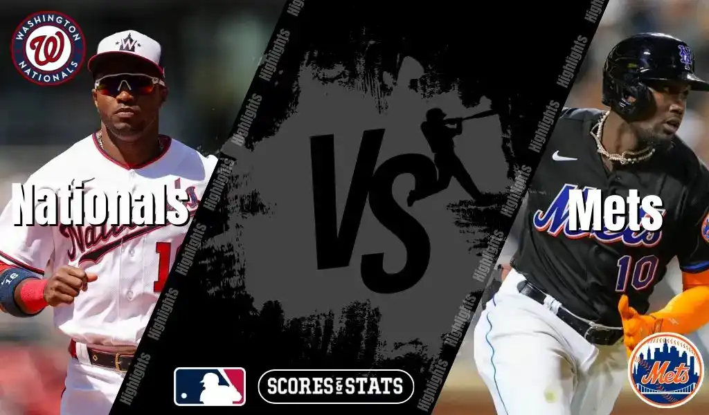Washington Nationals player runs on the field while New York Mets player prepares to sprint in MLB matchup graphic.