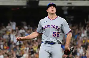 A New York baseball player in a gray jersey and cap stands on the field, celebrating amidst a cheering crowd.