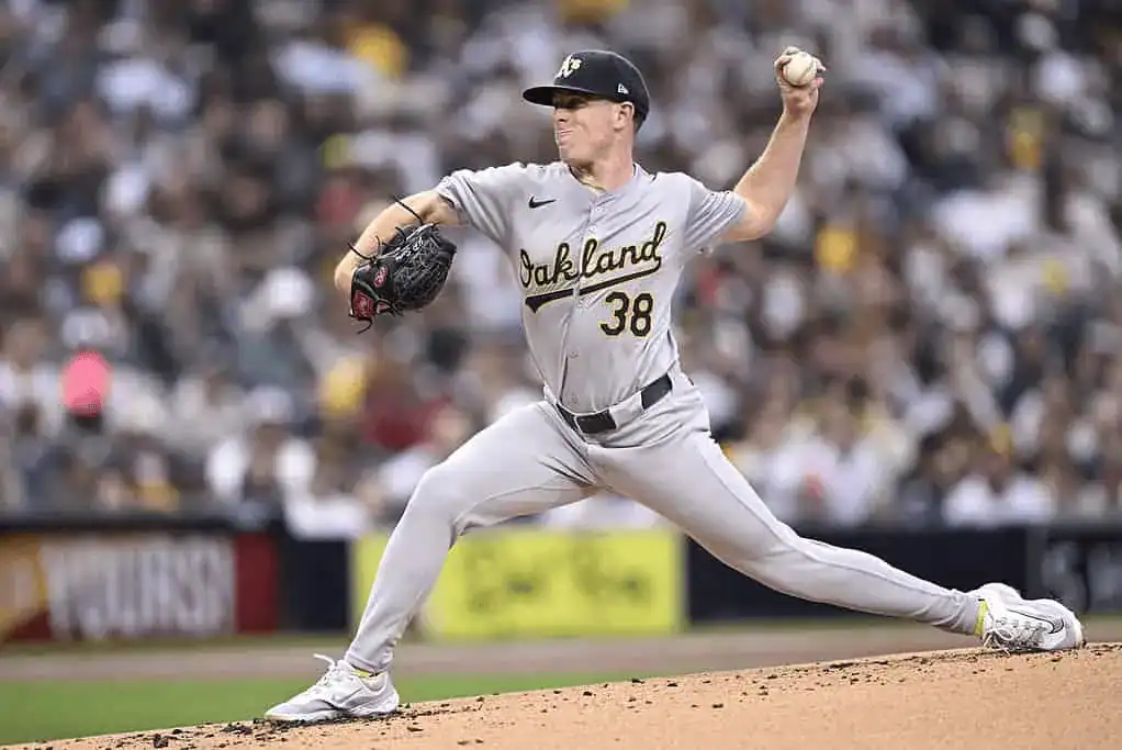Oakland Athletics pitcher throws from the mound.