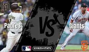San Diego Padres batter swings at a pitch while San Francisco Giants fielder prepares for play during MLB matchup graphic.