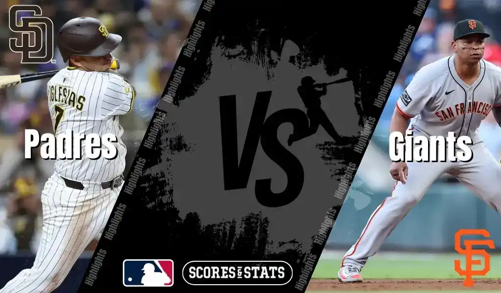 San Diego Padres batter swings at a pitch while San Francisco Giants fielder prepares for play during MLB matchup graphic.