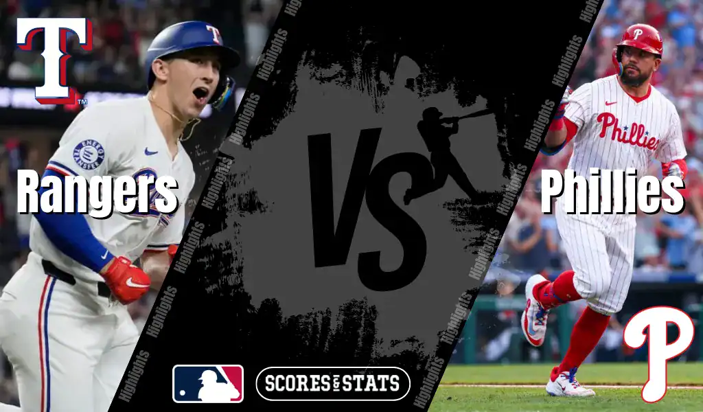 Texas Rangers and Philadelphia Phillies MLB matchup graphic showing players from both teams ahead of their August 8, 2025 game.