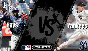 Tampa Bay Rays players celebrate while New York Yankees pitcher throws during MLB matchup graphic.